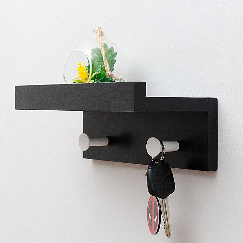Wood Wall Shelf with Hanging Hooks
