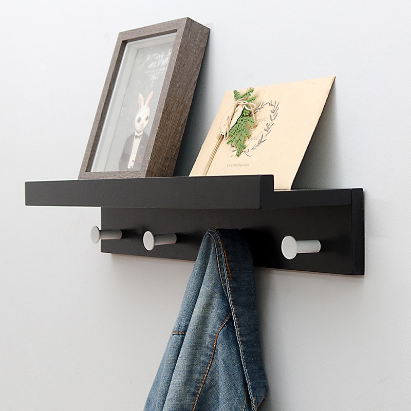Wood Wall Shelf with Hanging Hooks