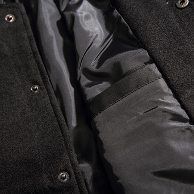 Men's Black Woolen Bomber Jacket with Leather Sleeves