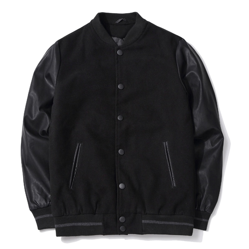 Men's Black Woolen Bomber Jacket with Leather Sleeves