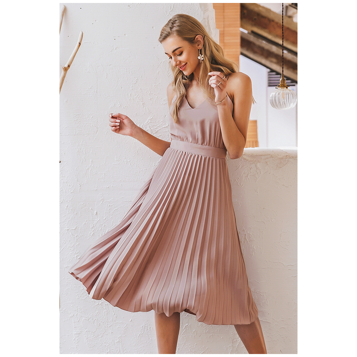 Party Colorful Pleated Womens Midi Dress