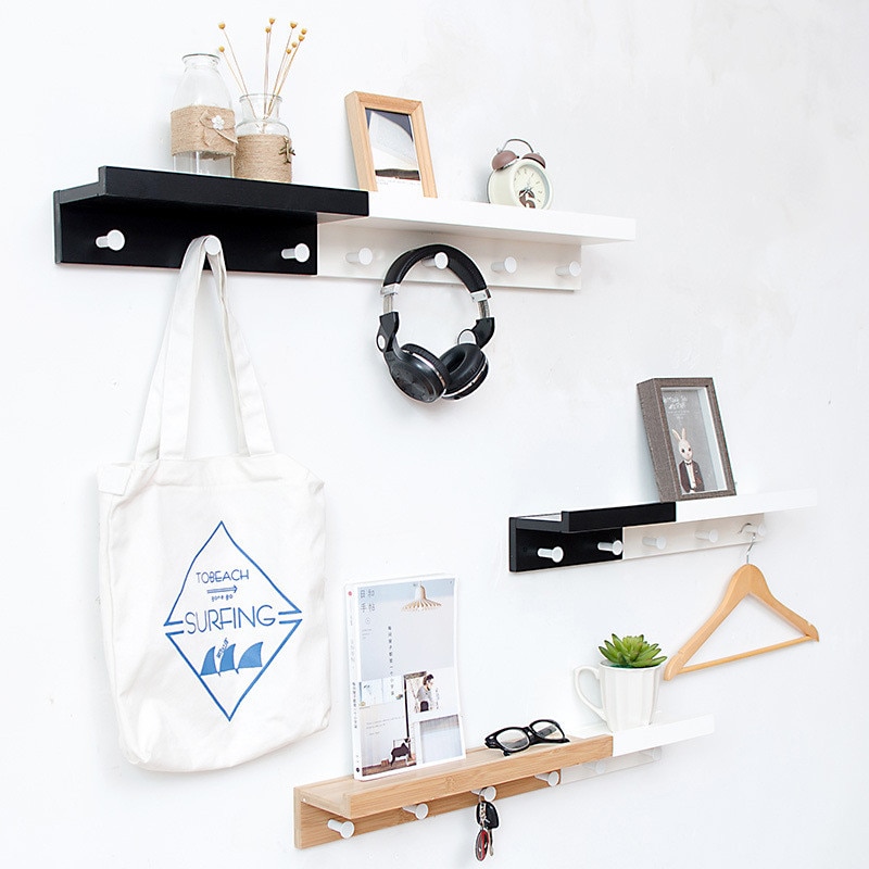 Wood Wall Shelf with Hanging Hooks Wood Wall Shelf with Hanging Hooks