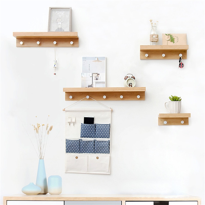 Wood Wall Shelf with Hanging Hooks Wood Wall Shelf with Hanging Hooks