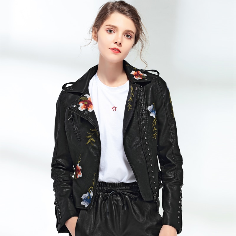 Women's Leather Jacket with Floral Embroidery