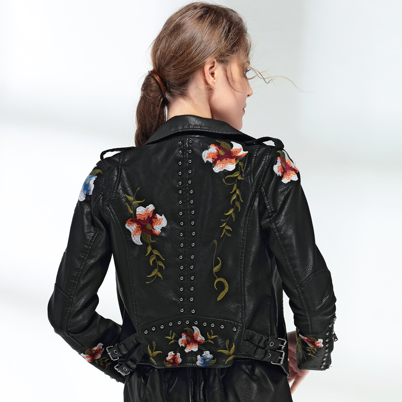 Women's Leather Jacket with Floral Embroidery