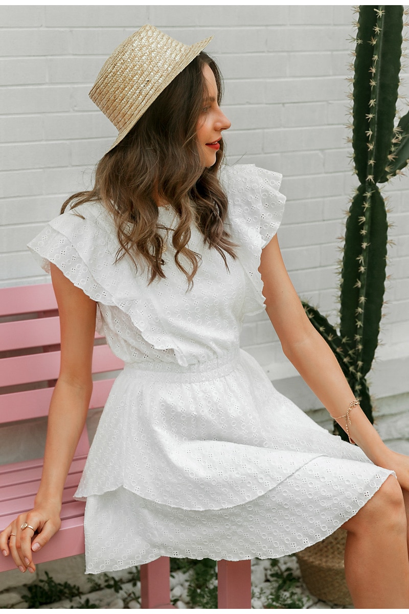 Boho White Women's Mini Dress with Ruffles