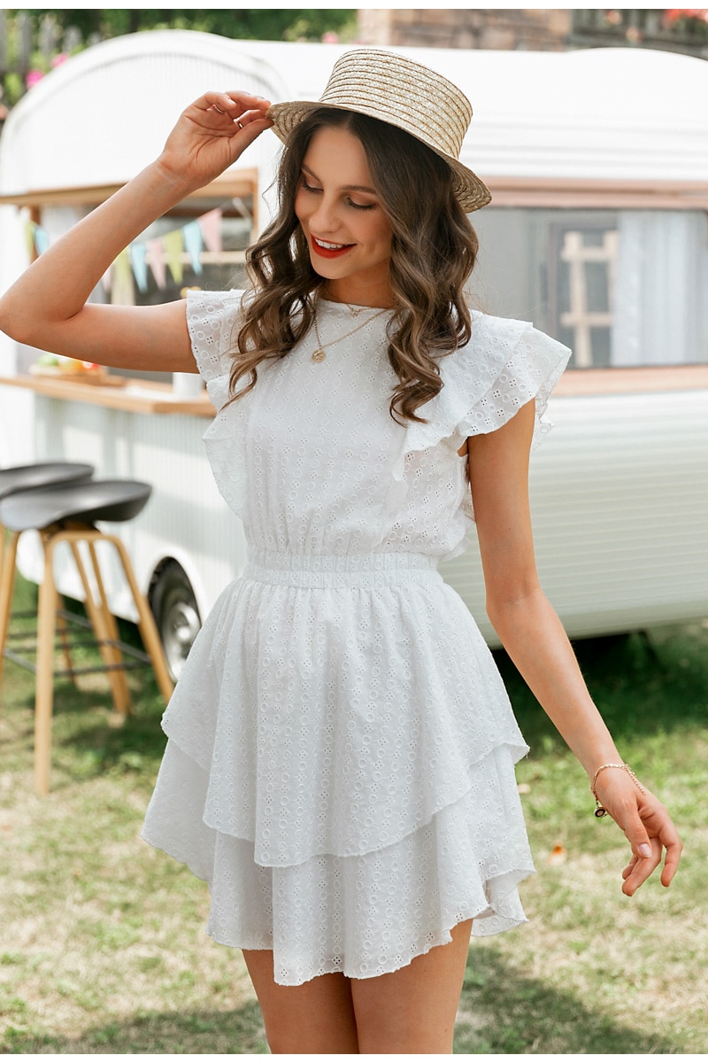 Boho White Women's Mini Dress with Ruffles