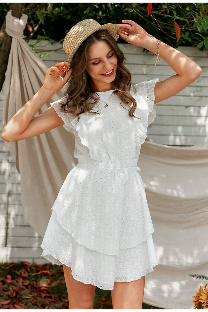 Boho White Women's Mini Dress with Ruffles
