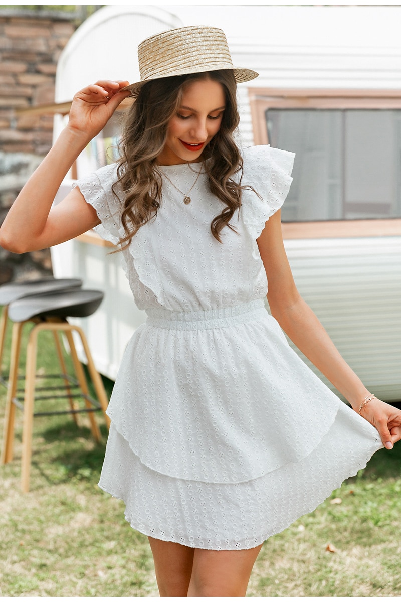 Boho White Women's Mini Dress with Ruffles